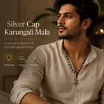 Silver Cap Karungali Mala with Trishul Nandi Pendant