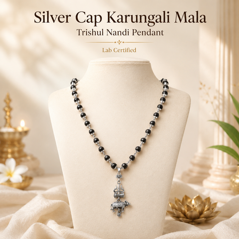 Silver Cap Karungali Mala with Trishul Nandi Pendant
