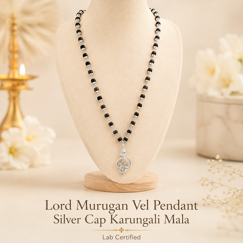 Lord Murugan Vel Pendant | Silver Cap Karungali Mala